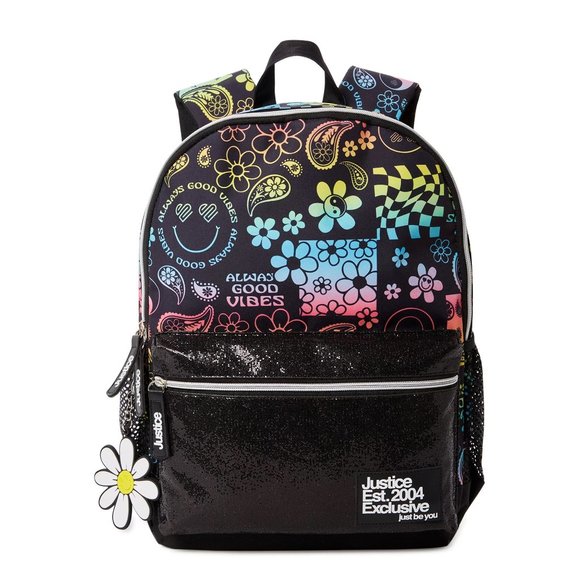 Justice Girls 17" Laptop Backpack Good Vibes Black Multi-Color - Picture 1 of 4
